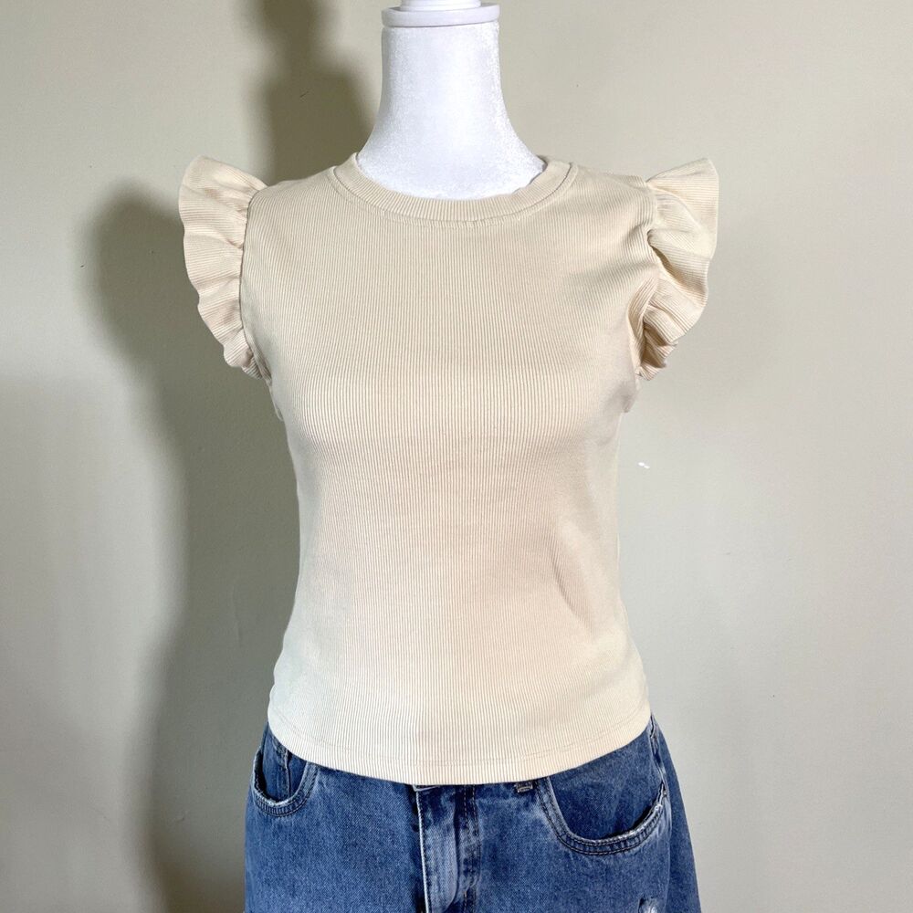 Zara Women's Cream Ruffle Flutter Sleeve Ribbed Top Size Medium Cotton Casual